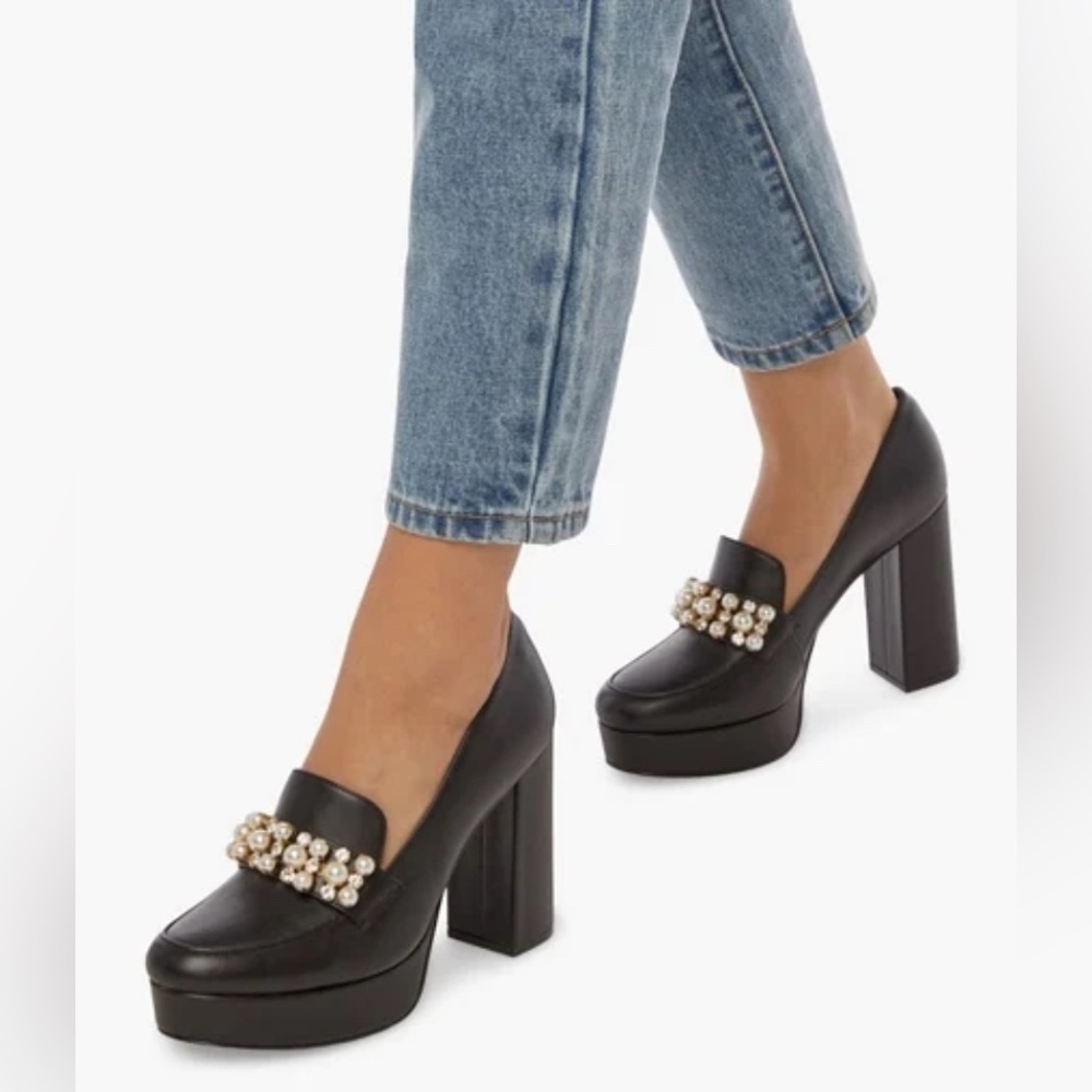 JustFab Adele Throwback Platform shoes embellished w/ pearls & beads. Black. 7.5